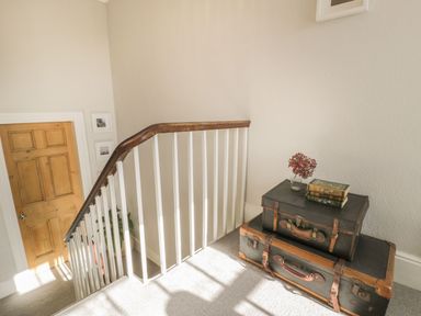 A staircase with suitcases and a plant at Bwthyn Morse in Llanfair