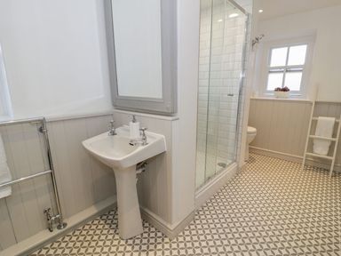 A bathroom with a shower, sink, and toilet at Bwthyn Morse in Llanfair