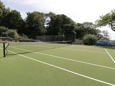 A tennis court with a net and surrounding trees at Bwthyn Morse Llanfair