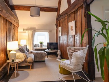 A living room with a sofa, lamp, and television at Bwthyn Canol in Llanfair