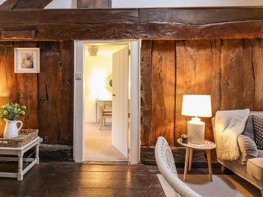 A living room with a wooden wall and a sofa at Bwthyn Canol Llanfair