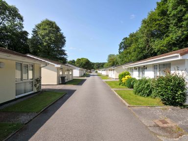 A view of bungalows along a road at 4 Rosecraddoc Lodge Holiday Bungalows in Liskeard