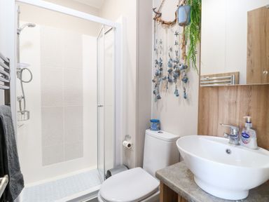 A bathroom with a shower, toilet, and sink at No. 2 - Seaview Kessingland