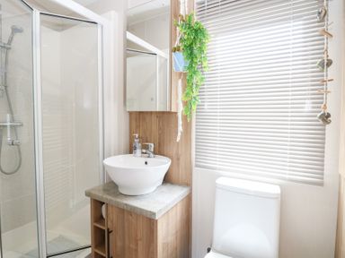 A bathroom with a shower, sink and toilet at No. 2 - Seaview in Kessingland