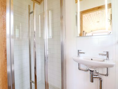 A bathroom with a shower and sink at Defaid Cymreig in Oswestry