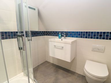 A bathroom with a shower, toilet, and sink at Silver Copse in Frilford Heath Near Abingdon