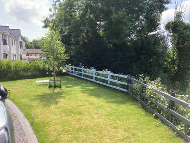 A garden with grass, a tree, and a fence at 1 Bryn Beudy Narberth