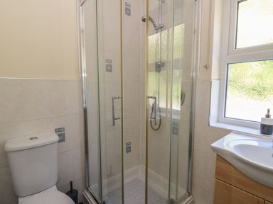 A bathroom with a shower, toilet, and sink at 1 Bryn Beudy, Stepaside