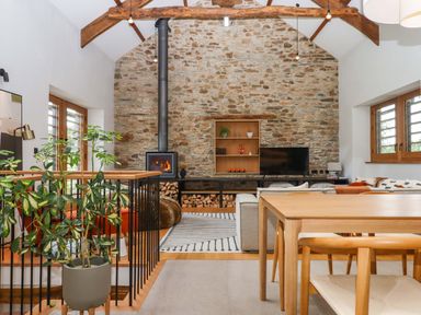 A living room with a fireplace and seating area at Lower Walreddon Barn Tavistock