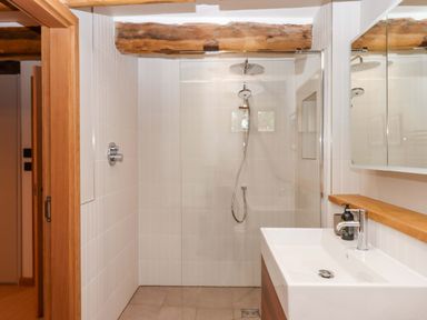 A bathroom with a shower and sink at Lower Walreddon Barn Tavistock