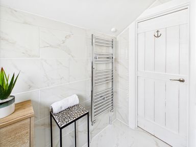 A bathroom with a towel rack and a plant at 59a Gwscwm Road 