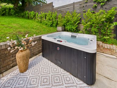 A hot tub in an outdoor area with a decorative rug and potted plant at 59a Gwscwm Road