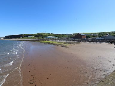 A beach with buildings and cliffs at Harbour View in Whitehaven