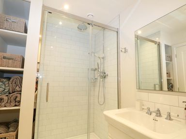 A bathroom with a shower and sink at Lakeside Lodge Witherenden Hill near Burwash