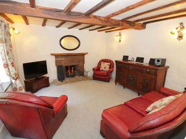 A living room with a fireplace and leather furniture at Fern Cottage 
