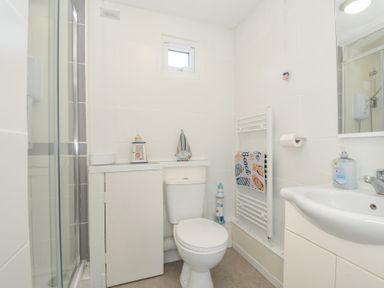 A bathroom with a shower, sink, and toilet at 13 Hillside, Bude