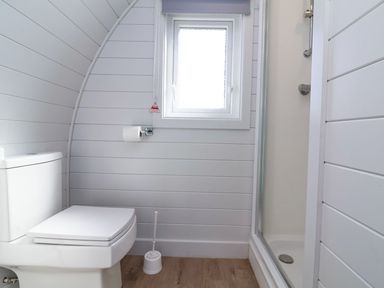A bathroom with a shower and toilet at New Pod in Kilkhampton