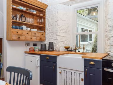 A kitchen with a sink and shelves at Captains Cottage in Brixham