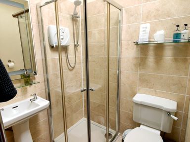 A bathroom with a shower, toilet, and sink at Bush Nook House in Brampton