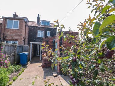 A garden with plants and a blue trash bin at Moot Cottage Driffield