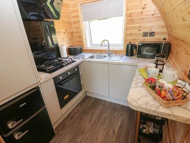 A kitchen with stove, oven, sink and refrigerator at Lodge 3 near Pontyates