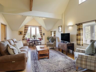 A living room with a sofa and coffee table at Upper Pandy Farm in Berriew near Welshpool