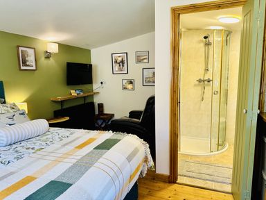 A bedroom with a shower in the corner at Harvey's Lodge in Lowertown, Helston
