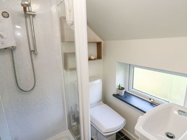 A bathroom with a shower, toilet, and sink at Five Elements Barn in Truro