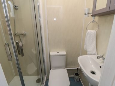 A bathroom with a shower, toilet, and sink at 170 Victoria Road 