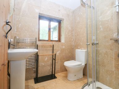 A bathroom with a sink, toilet, and shower at Ty Newydd Llanrhychwyn near Llanrwst
