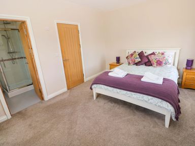 A bedroom with a bed and shower access at The Sycamores in Llawhaden near Narberth