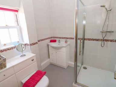 A bathroom with shower and sink at The Sycamores in Llawhaden near Narberth