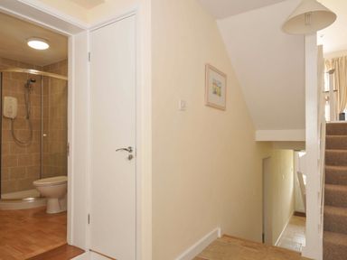 A bathroom with a shower and toilet at 9 Slipway Cottages in Rock