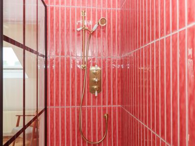 A shower with gold fixtures and red tiles at Tigley Meadow Coach House in Totnes