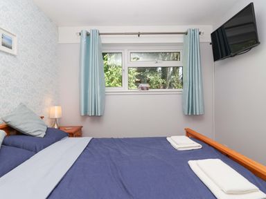 A bedroom with a bed and a television at Boo’s Bungalow in Callington near Gunnislake