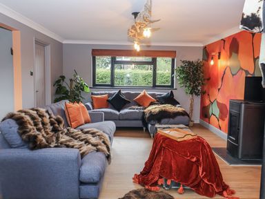 A living room with a sofa and a table at Holly Farm near Brantham