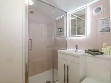 A bathroom with a shower and sink at Charltons Hollow Cabin Haywards Heath