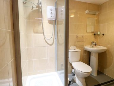 A bathroom featuring a shower, toilet and sink at Honeysuckle Cottage in Swaffham