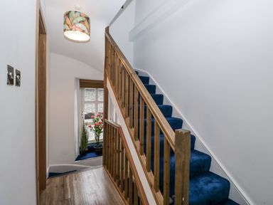 A hallway with stairs and plants at Aspen Boutique