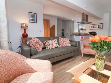 A living room with a sofa, armchairs, and a kitchen area at Butterfly Days in Bideford