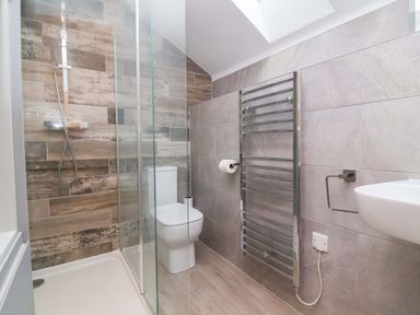 A bathroom with a shower, toilet, and sink at Butterfly Days in Bideford
