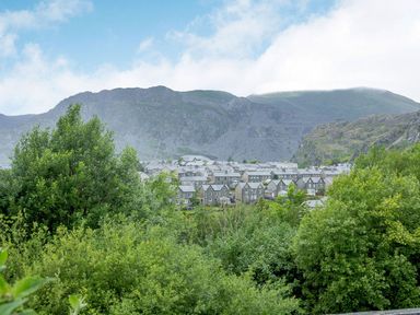 A view of houses and trees with mountains in the background at Brondderwen 