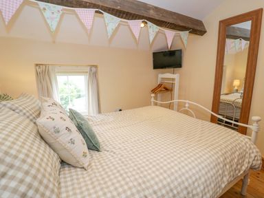 A bedroom with a bed and a mirror at Brondderwen in Blaenau Ffestiniog