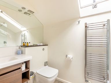 A bathroom with a toilet sink cabinet large mirror and heated towel rail at The Cider Mill in Westhope near Leominster