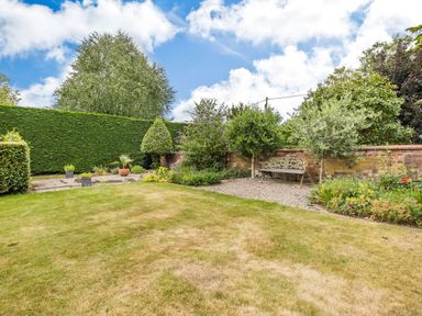 A garden with a grass lawn a bench and various shrubs and trees at The Cider Mill in Westhope near Leominster