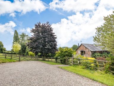 A gravel driveway with wooden fences trees and a small building at The Cider Mill in Westhope near Leominster