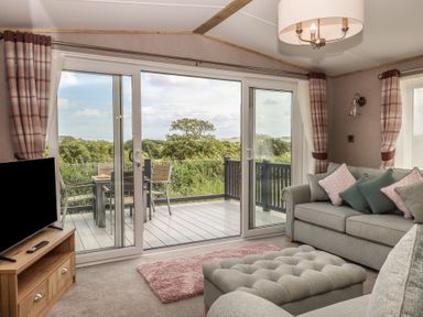 A living room with a sofa and television at Maple Lodge Teigngrace near Kingsteignton