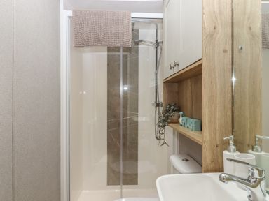 A bathroom with shower, sink and toilet at Maple Lodge Teigngrace near Kingsteignton
