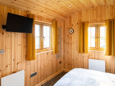 A bedroom with a television and windows at Head For the Hills Glamping - Skylark Shepherd's Hut