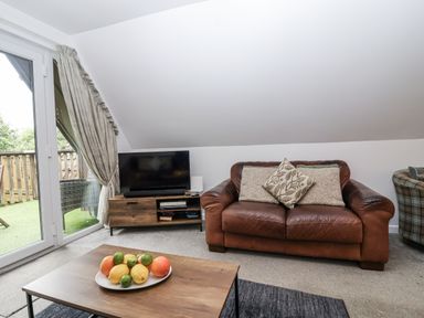 A living room with a couch and television at Valley Lodge 20 in Callington